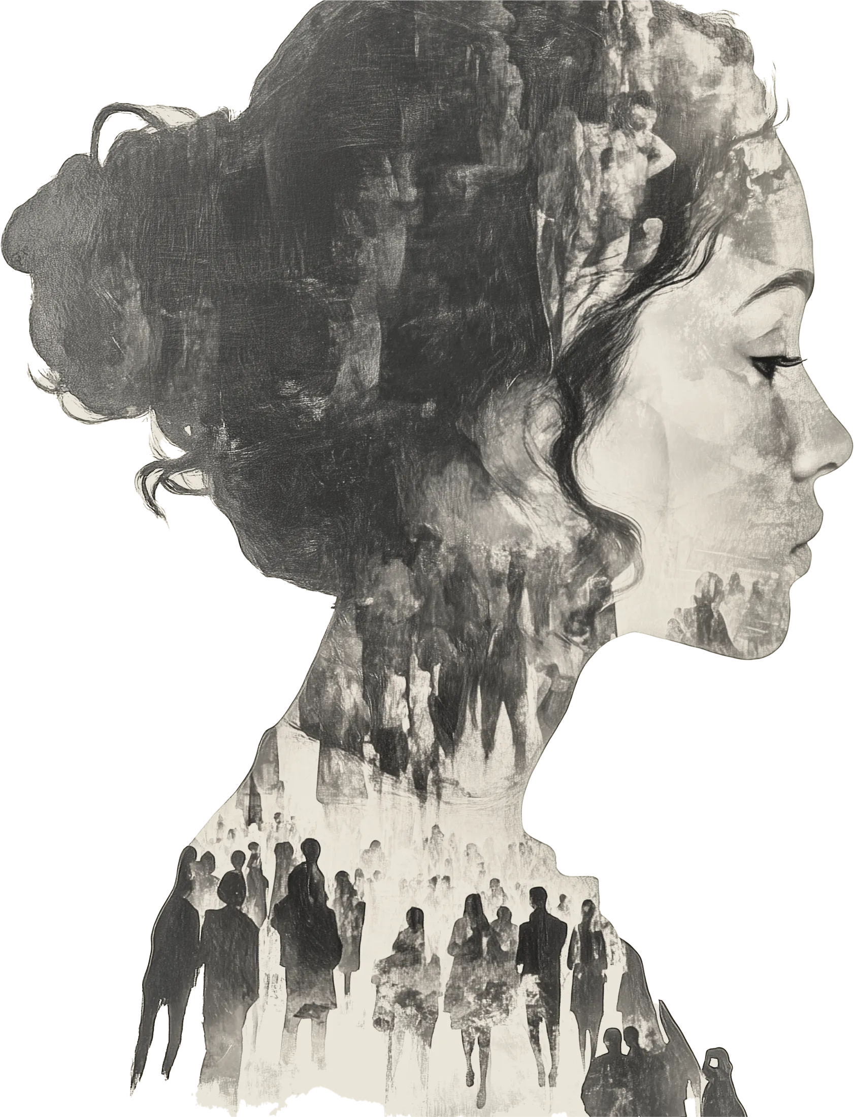 A painted illustration of a double-exposure of a woman's silhouette from the side. Inside her head is a crowd of people.