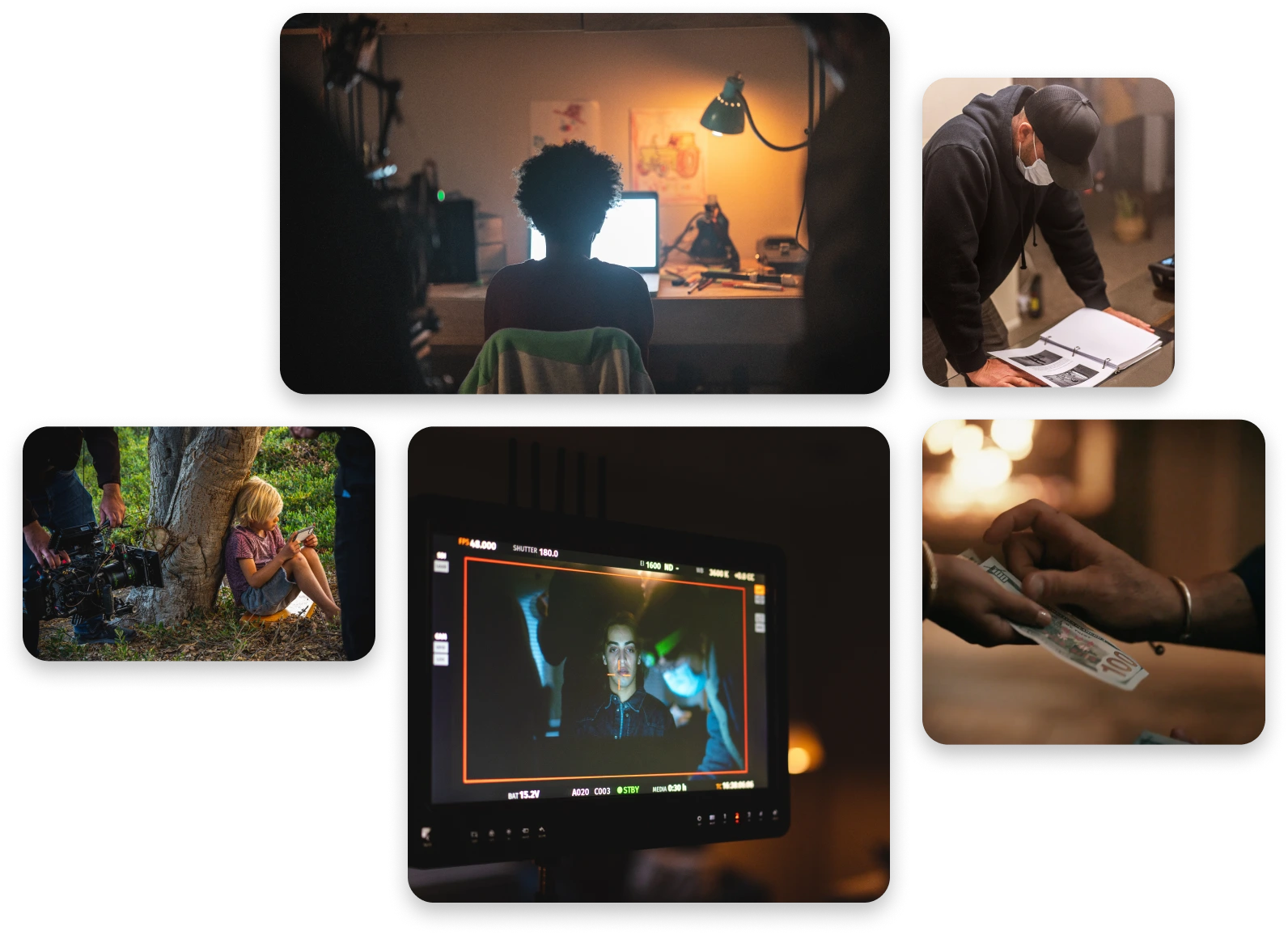 A collage of 5 behind-the-scenes photos