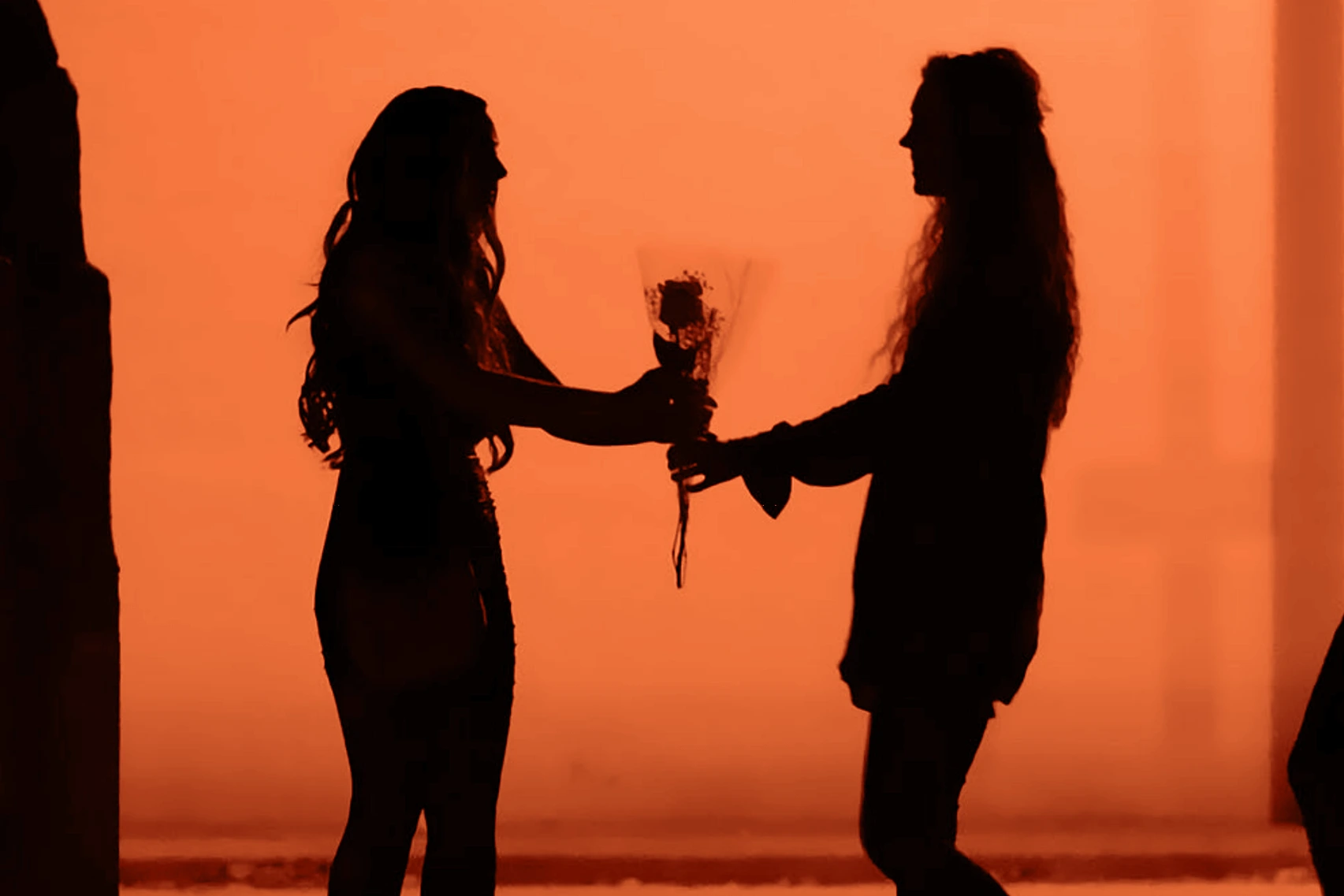 A cinematic sillhouette of an alley way and night where one woman is giving another woman a flower